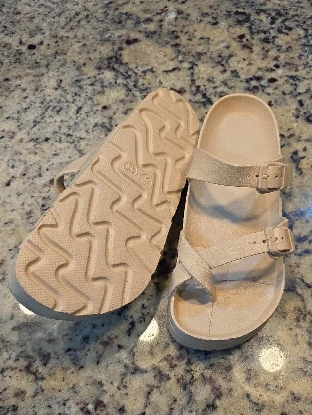 Cream Strappy Buckle Slide Sandals